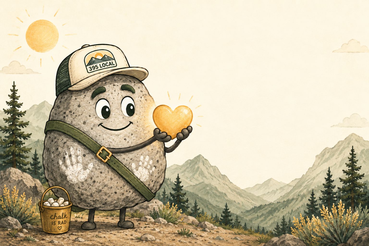 Chalky, the 395local granite mascot, holding a glowing gold heart.